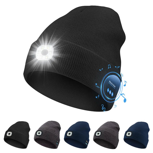 LED Rechargeable Bluetooth Luminous Knitted Beanie with Headlamp